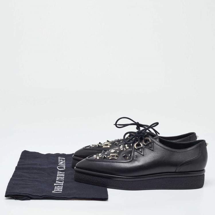 Pre Owned Valentino Black Leather Studded Lace Up Flat Sneakers Size 37.5