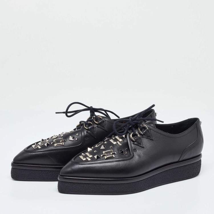 Pre Owned Valentino Black Leather Studded Lace Up Flat Sneakers Size 37.5