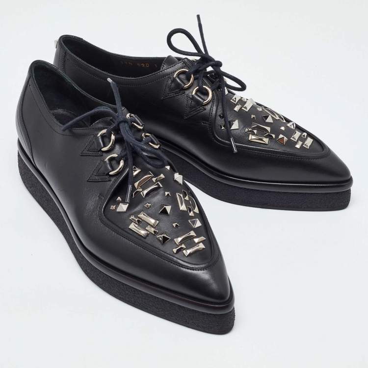 Pre Owned Valentino Black Leather Studded Lace Up Flat Sneakers Size 37.5