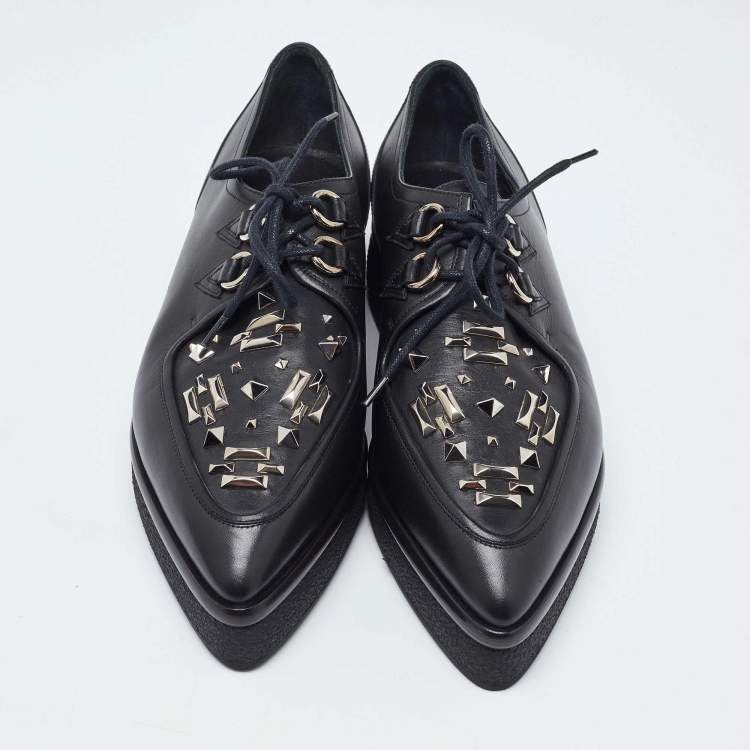 Pre Owned Valentino Black Leather Studded Lace Up Flat Sneakers Size 37.5