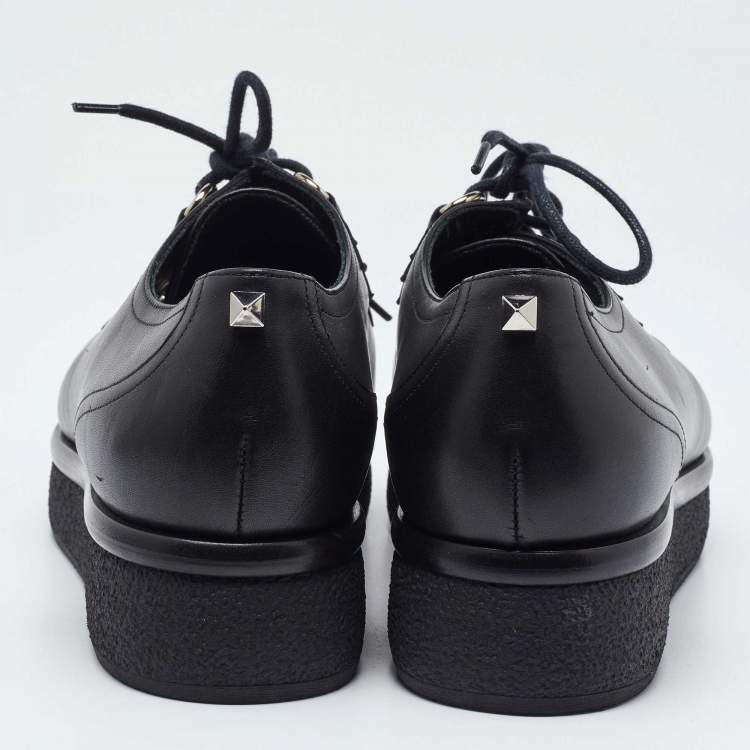 Pre Owned Valentino Black Leather Studded Lace Up Flat Sneakers Size 37.5