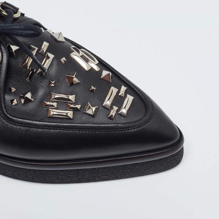 Pre Owned Valentino Black Leather Studded Lace Up Flat Sneakers Size 37.5