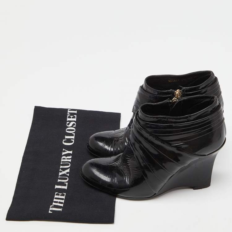 Pre Owned Valentino Black Patent Leather Wedge Ankle Boots Size 37
