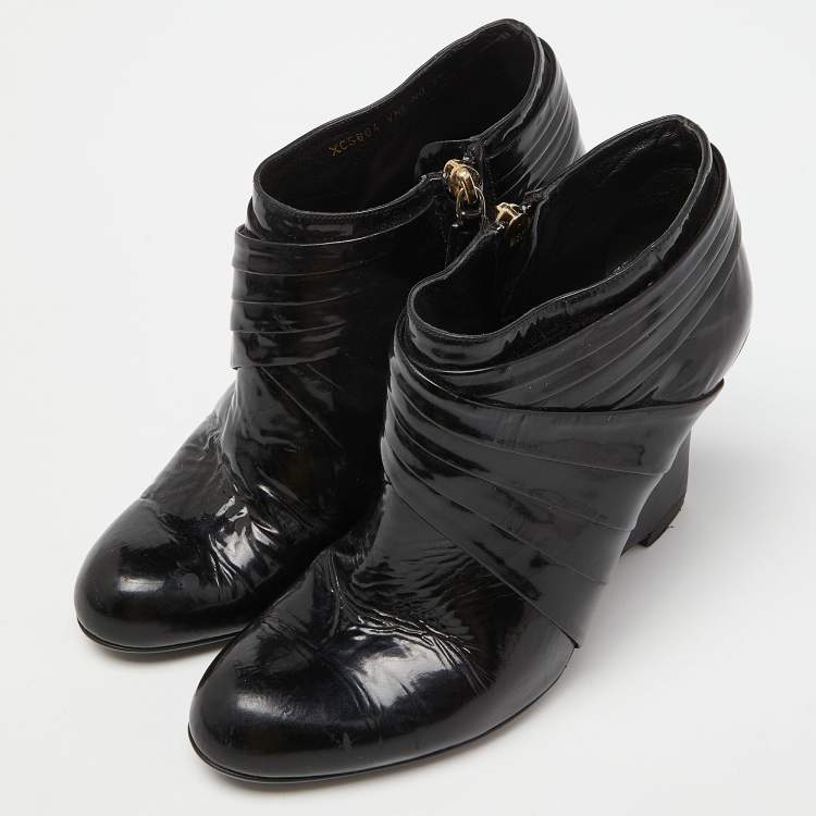 Pre Owned Valentino Black Patent Leather Wedge Ankle Boots Size 37