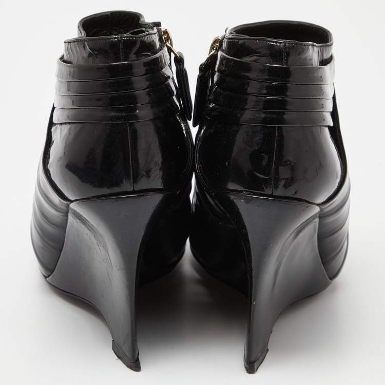 Pre Owned Valentino Black Patent Leather Wedge Ankle Boots Size 37
