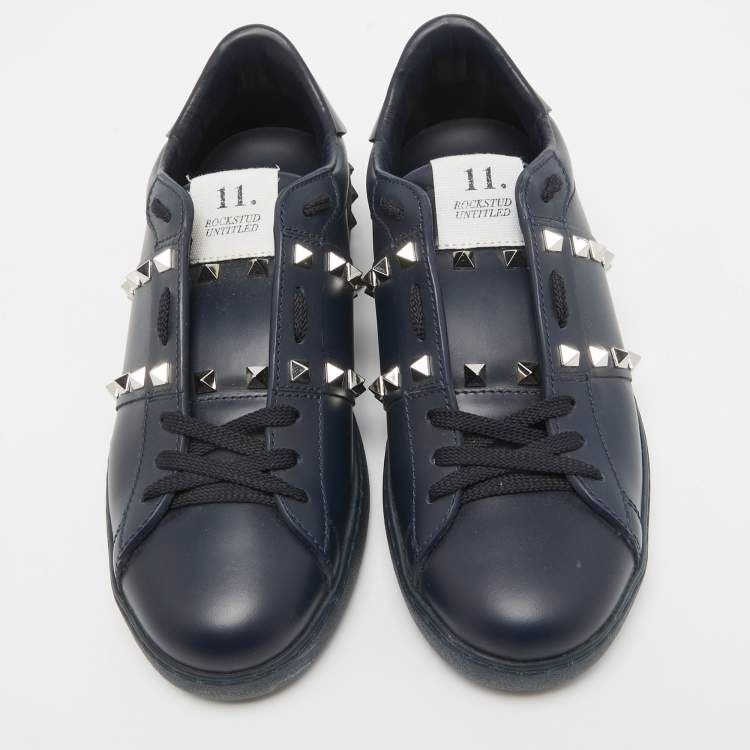 Pre Owned Valentino Navy Blue Leather Rockstud Low Top Sneakers Size 39