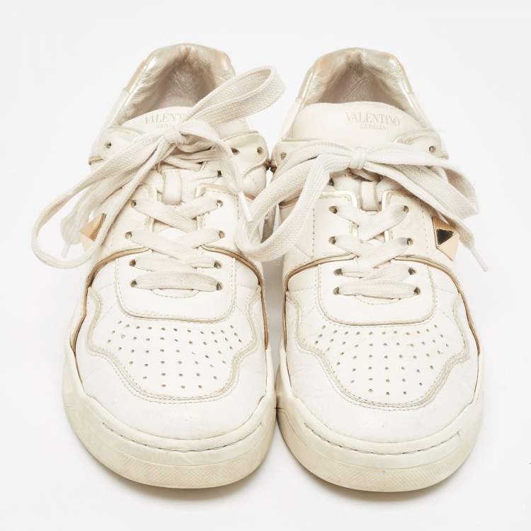 Pre Owned Valentino White Leather  One Stud Law Top Sneakers Size 39