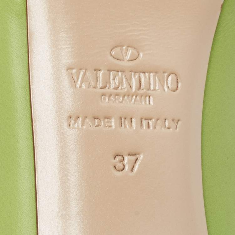 Pre Owned Valentino Green Leather Spike Platform Round Toe Pumps Size 37