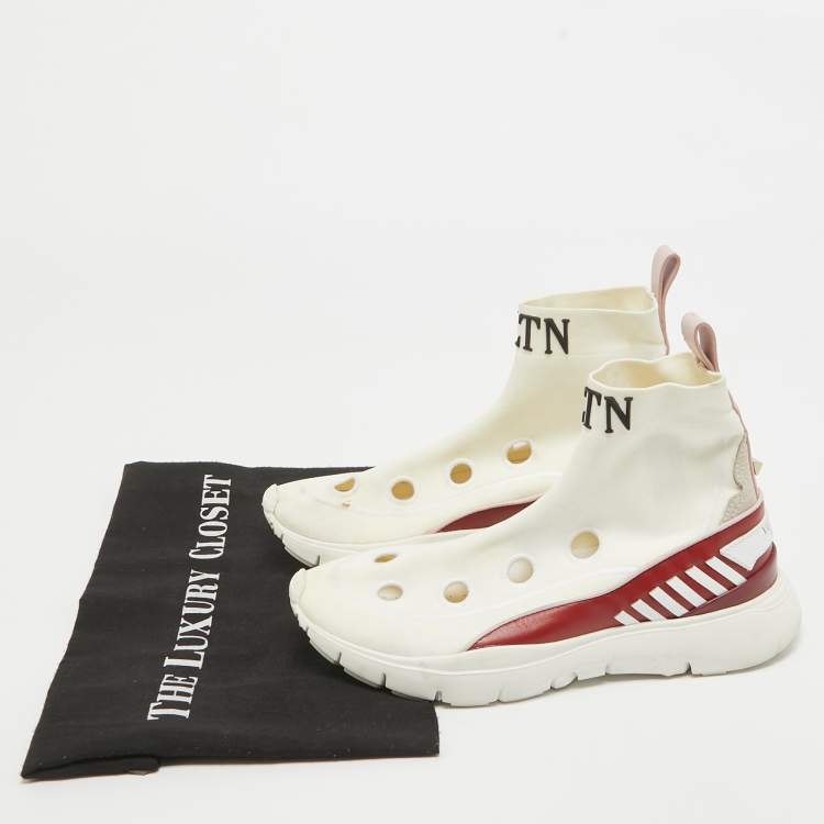 Pre Owned Valentino White Stretch Fabric and Leather Cut Out Rockstud Sock High Top Sneaker Size 35