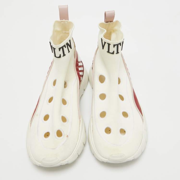 Pre Owned Valentino White Stretch Fabric and Leather Cut Out Rockstud Sock High Top Sneaker Size 35