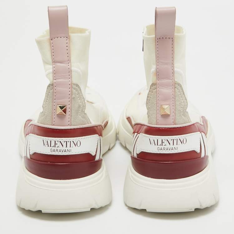 Pre Owned Valentino White Stretch Fabric and Leather Cut Out Rockstud Sock High Top Sneaker Size 35