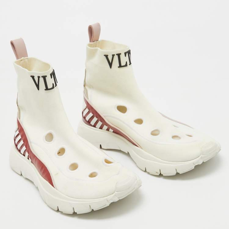 Pre Owned Valentino White Stretch Fabric and Leather Cut Out Rockstud Sock High Top Sneaker Size 35