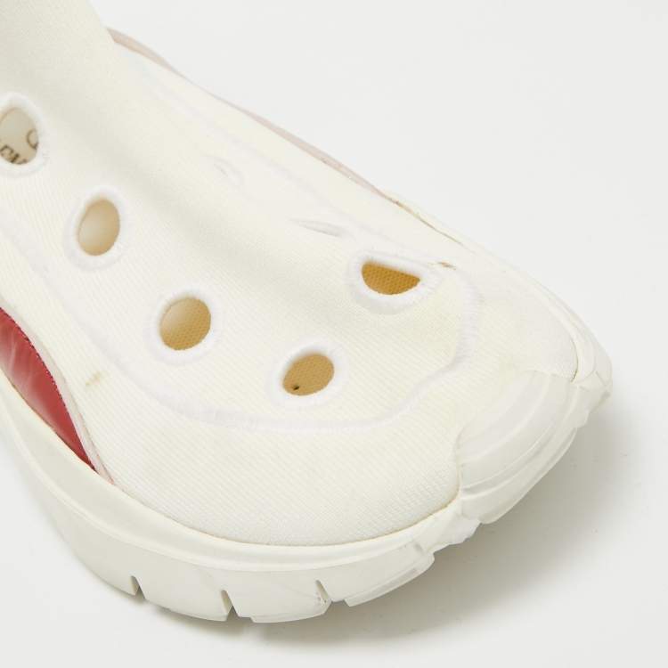 Pre Owned Valentino White Stretch Fabric and Leather Cut Out Rockstud Sock High Top Sneaker Size 35
