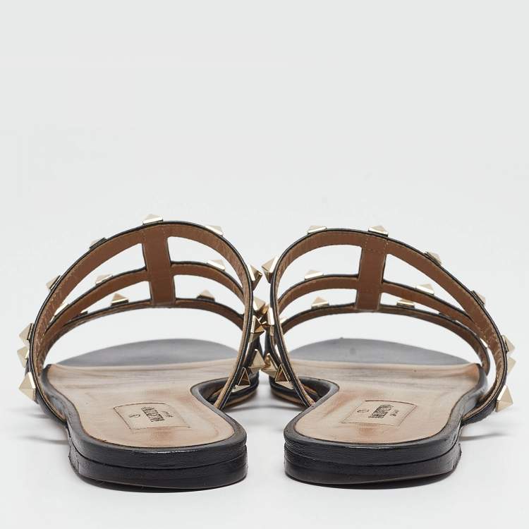 Pre Owned Valentino Black Leather Rockstud Flat Slides Size 39