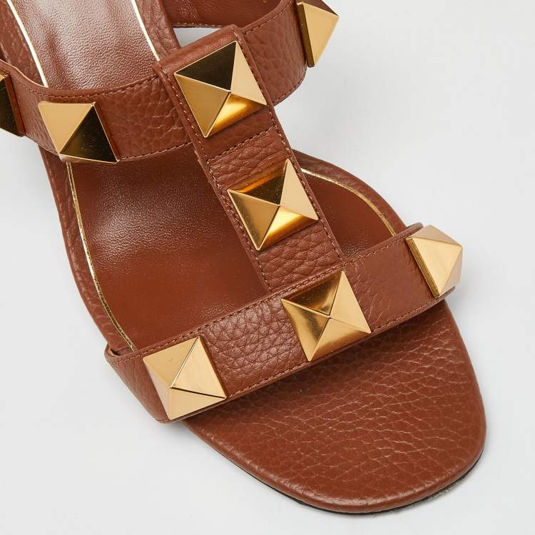 Pre Owned Valentino Brown Leather Roman Stud Block Heel Slides Sandals Size 40