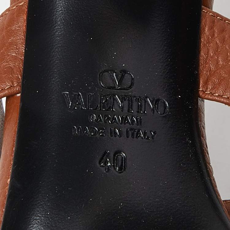 Pre Owned Valentino Brown Leather Roman Stud Block Heel Slides Sandals Size 40