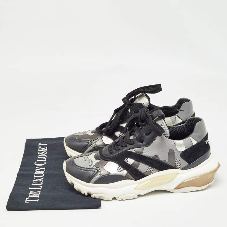 Pre Owned Valentino Grey/Black Suede and Mesh Camouflage Bounce Low Top Sneakers Size 37