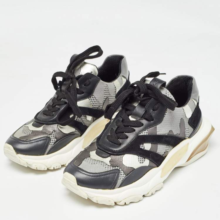 Pre Owned Valentino Grey/Black Suede and Mesh Camouflage Bounce Low Top Sneakers Size 37