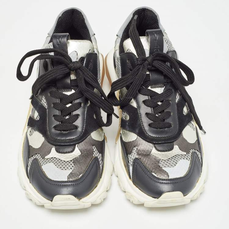 Pre Owned Valentino Grey/Black Suede and Mesh Camouflage Bounce Low Top Sneakers Size 37
