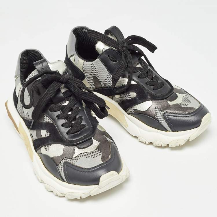 Pre Owned Valentino Grey/Black Suede and Mesh Camouflage Bounce Low Top Sneakers Size 37
