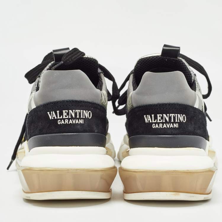 Pre Owned Valentino Grey/Black Suede and Mesh Camouflage Bounce Low Top Sneakers Size 37