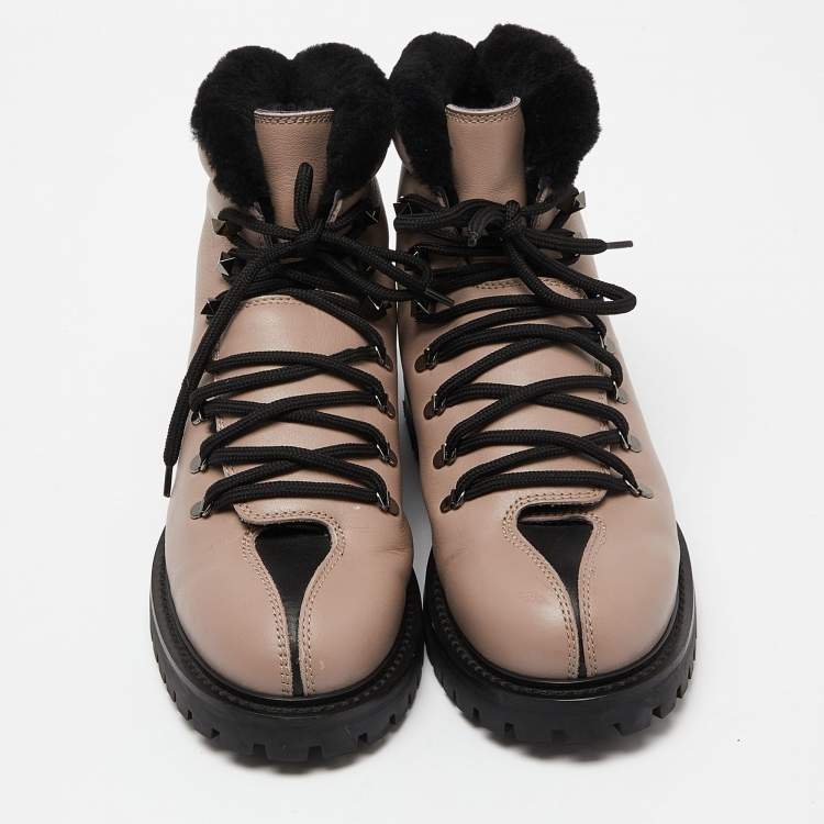 Pre Owned Valentino Dusty Pink/Black Leather Fur Lined Ankle Boots Size 39