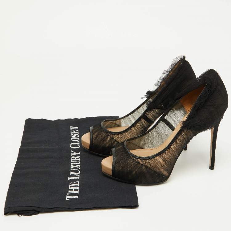 Pre Owned Valentino Black Tulle Fabric Peep Toe Platform Pumps Size 37