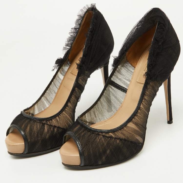 Pre Owned Valentino Black Tulle Fabric Peep Toe Platform Pumps Size 37