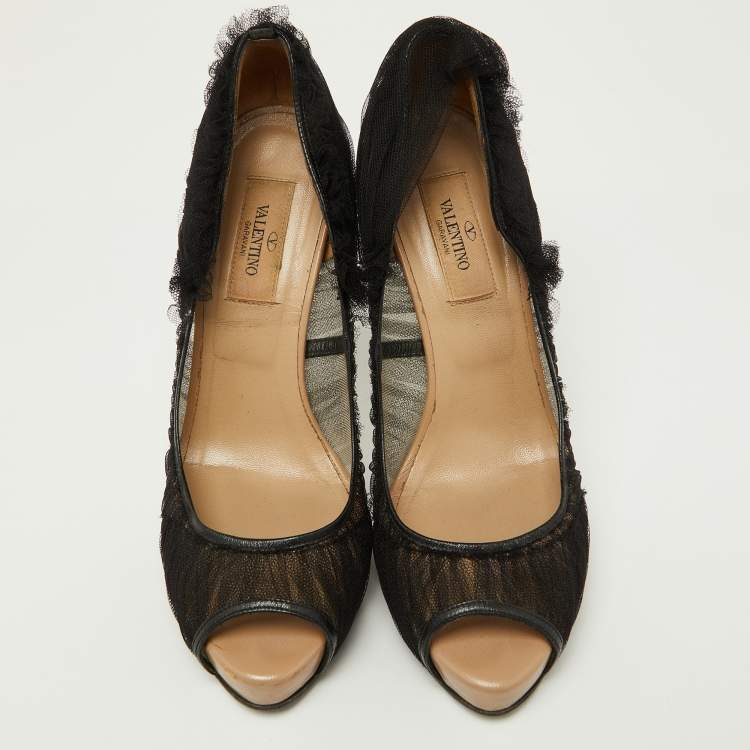 Pre Owned Valentino Black Tulle Fabric Peep Toe Platform Pumps Size 37