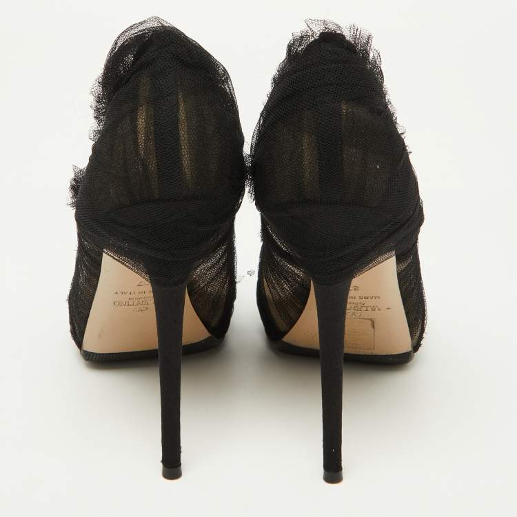 Pre Owned Valentino Black Tulle Fabric Peep Toe Platform Pumps Size 37
