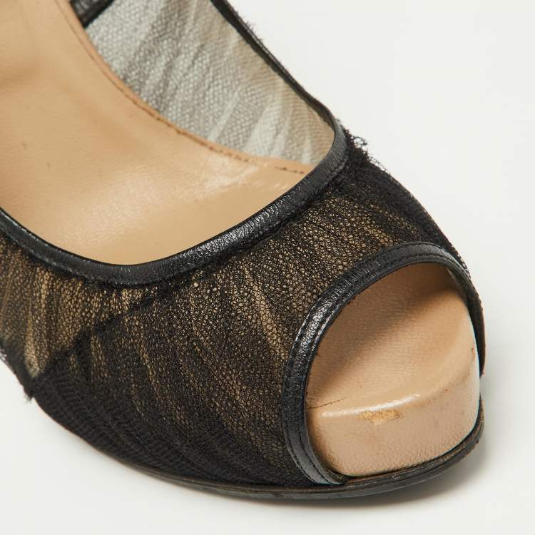Pre Owned Valentino Black Tulle Fabric Peep Toe Platform Pumps Size 37