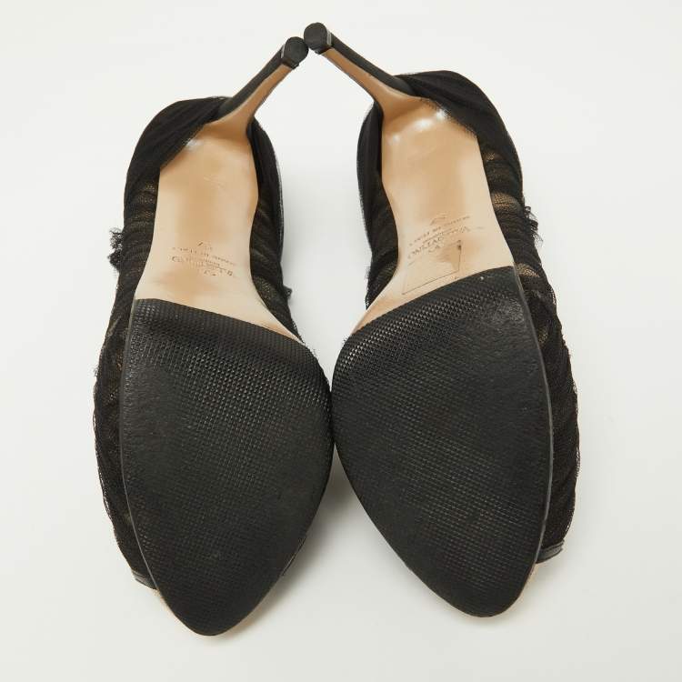 Pre Owned Valentino Black Tulle Fabric Peep Toe Platform Pumps Size 37