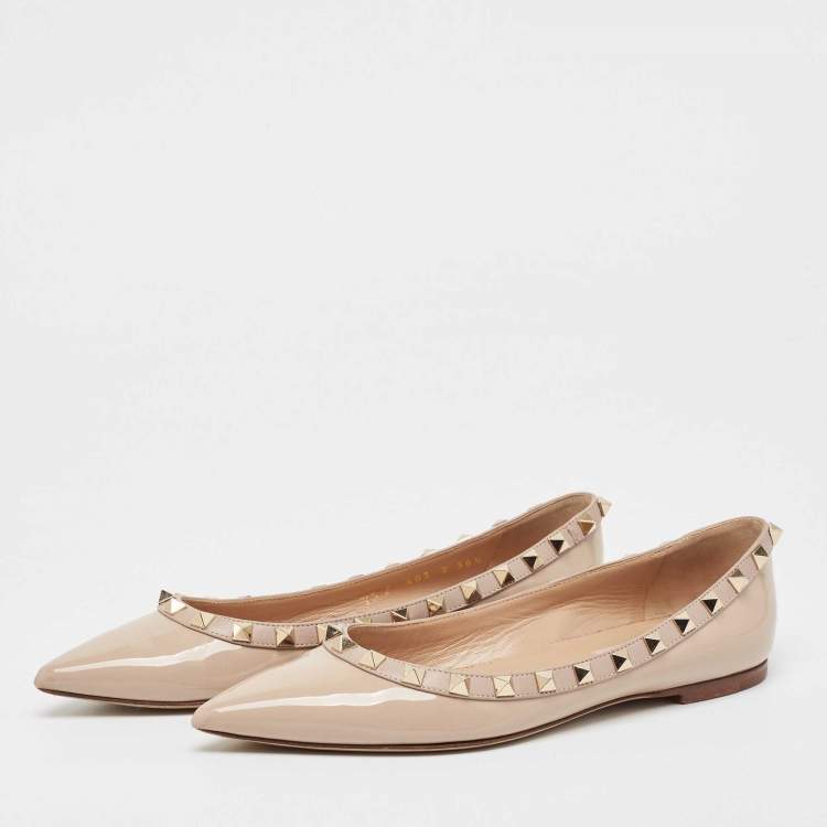 Pre Owned Valentino Beige Patent Leather Rockstud Ballet Flats Size 36.5