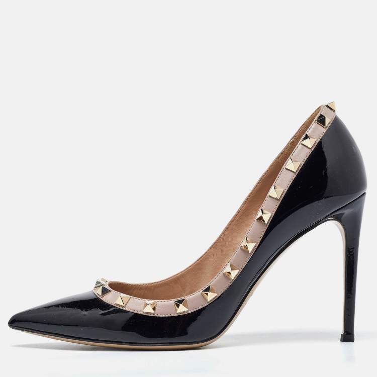 Pre Owned Valentino Black/Pink Patent Leather Rockstud Pumps Size 38.5