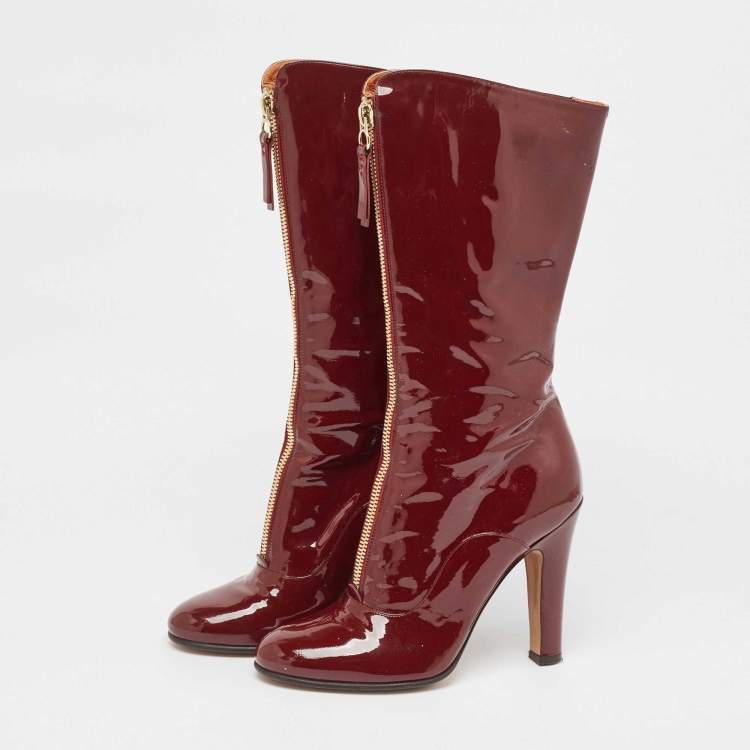 Pre Owned Valentino Burgundy Patent Leather Zip Detail Mid Calf Boots Size 40