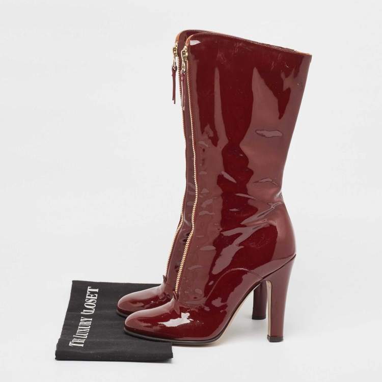 Pre Owned Valentino Burgundy Patent Leather Zip Detail Mid Calf Boots Size 40