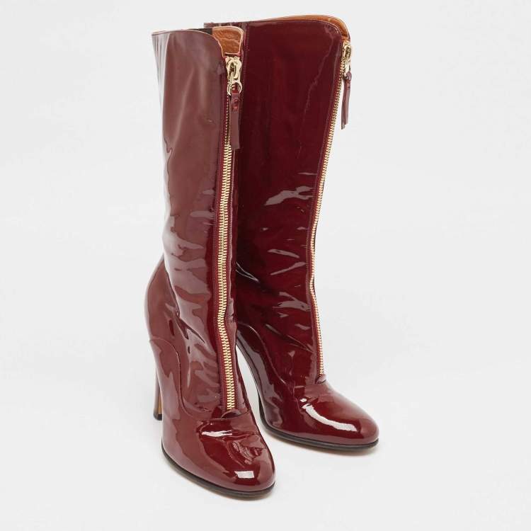 Pre Owned Valentino Burgundy Patent Leather Zip Detail Mid Calf Boots Size 40
