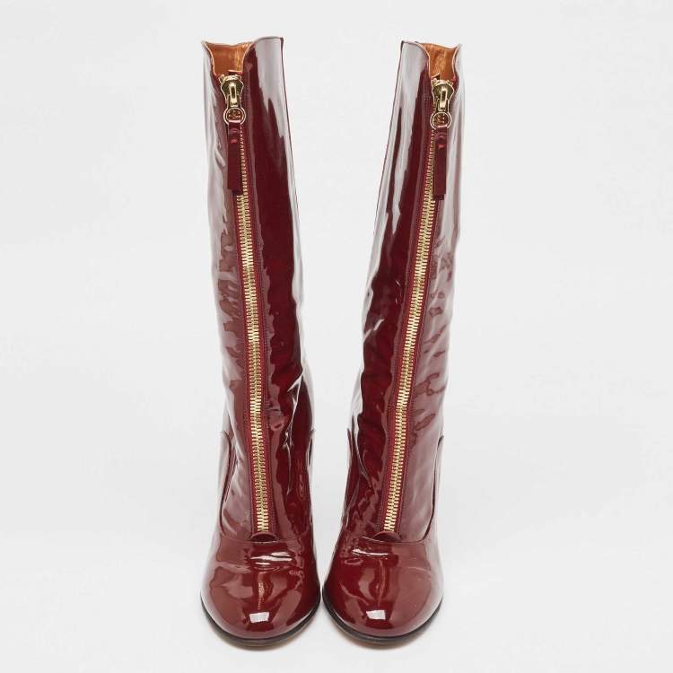 Pre Owned Valentino Burgundy Patent Leather Zip Detail Mid Calf Boots Size 40