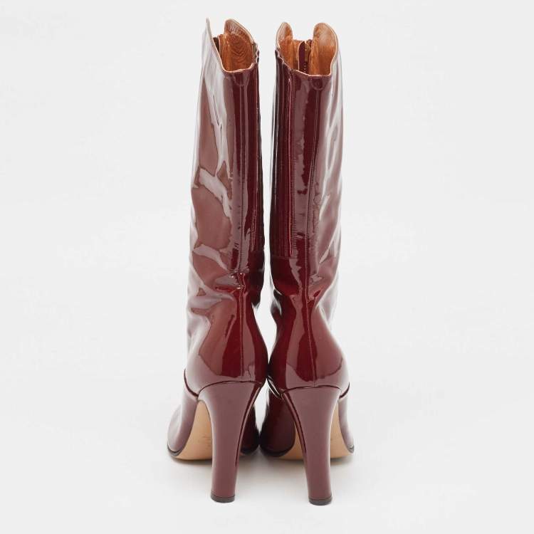 Pre Owned Valentino Burgundy Patent Leather Zip Detail Mid Calf Boots Size 40