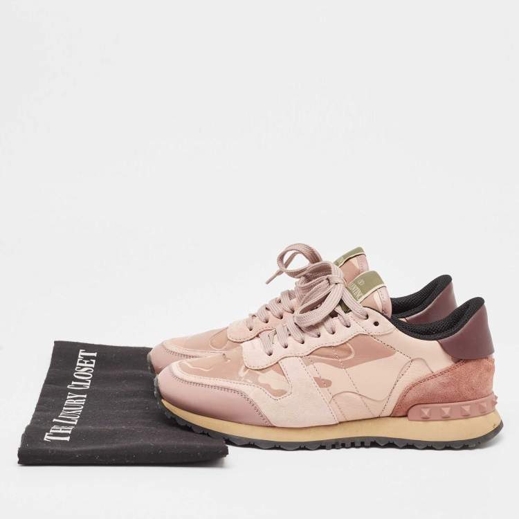 Pre Owned Valentino Pink/Beige Leather and Suede Camouflage Rockrunner Low Top Sneakers Size 37