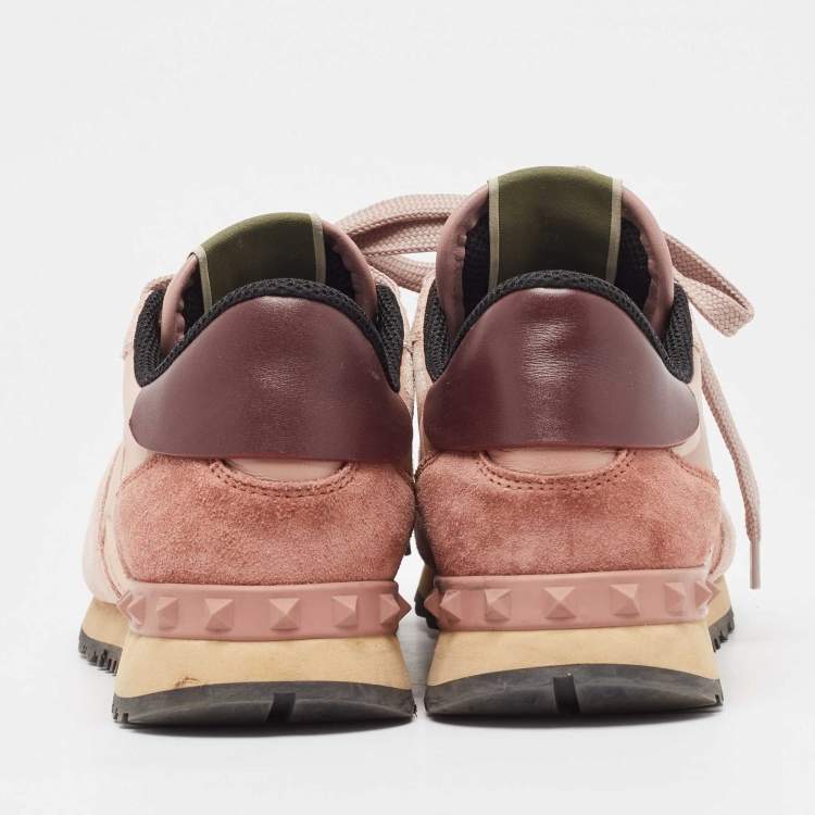 Pre Owned Valentino Pink/Beige Leather and Suede Camouflage Rockrunner Low Top Sneakers Size 37