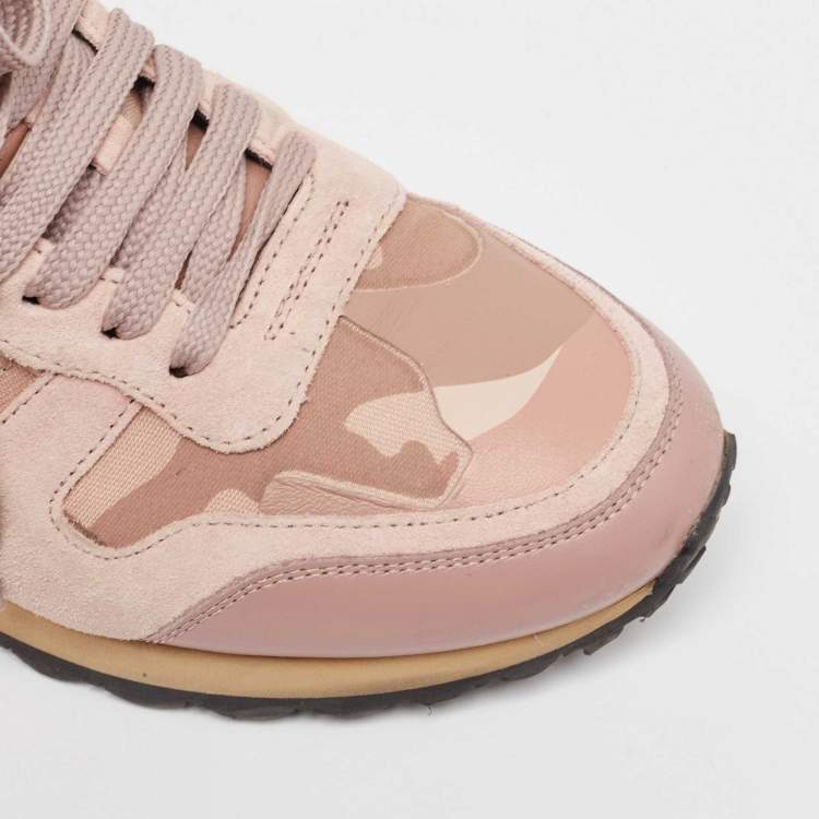 Pre Owned Valentino Pink/Beige Leather and Suede Camouflage Rockrunner Low Top Sneakers Size 37