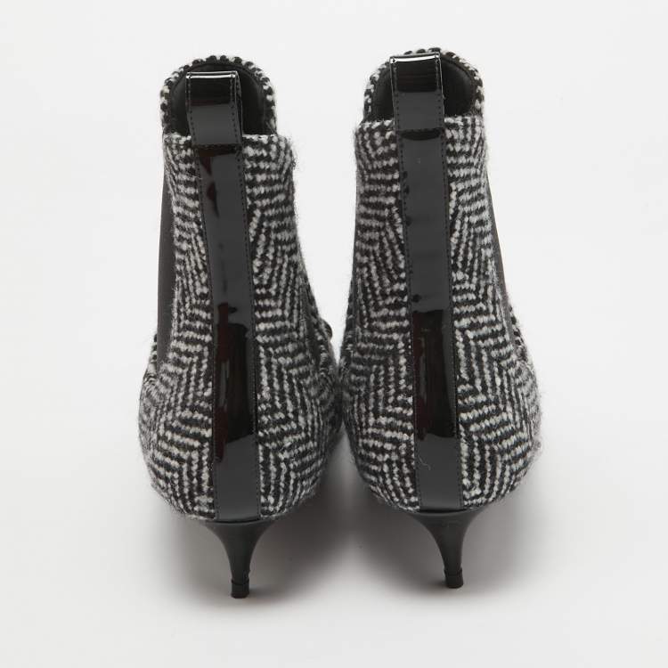 Pre Owned Valentino Black/White Wool Escape V Logo Pointed Toe Ankle Booties Size 36