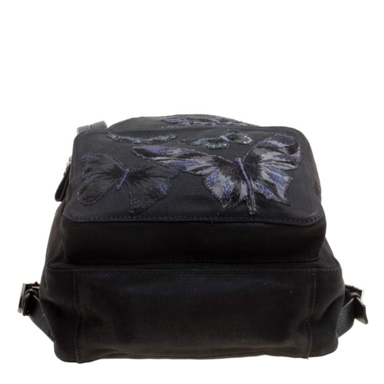 Pre Owned Valentino Black Canvas Embroidered Butterfly Backpack 