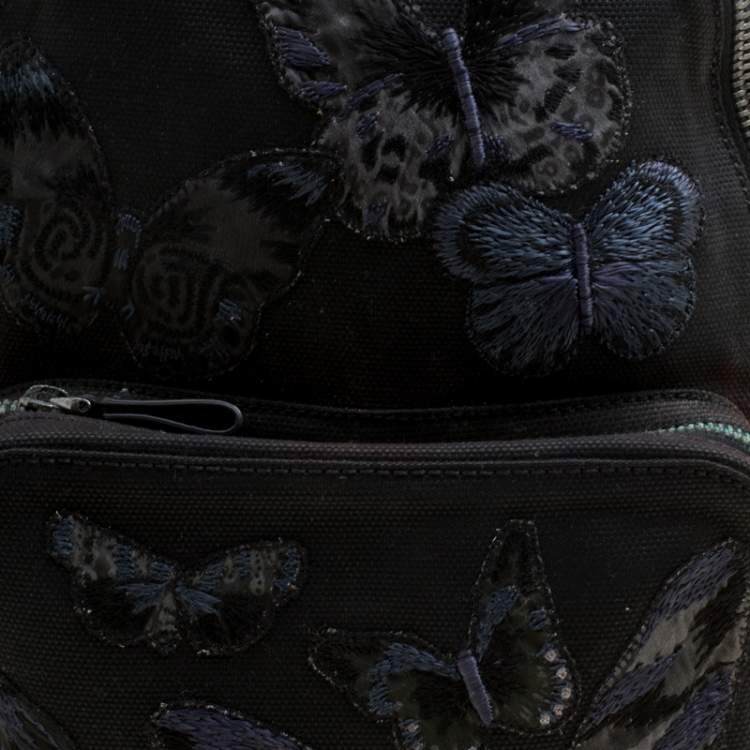 Pre Owned Valentino Black Canvas Embroidered Butterfly Backpack 