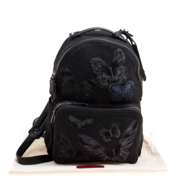 Pre Owned Valentino Black Canvas Embroidered Butterfly Backpack 
