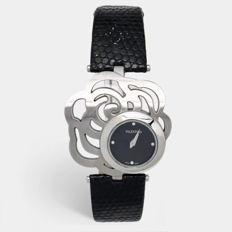 مملوكة مسبقًا Valentino Black Stainless Steel Lizard Leather Rosier Baselworld V55 Women's Wristwatch 40 mm