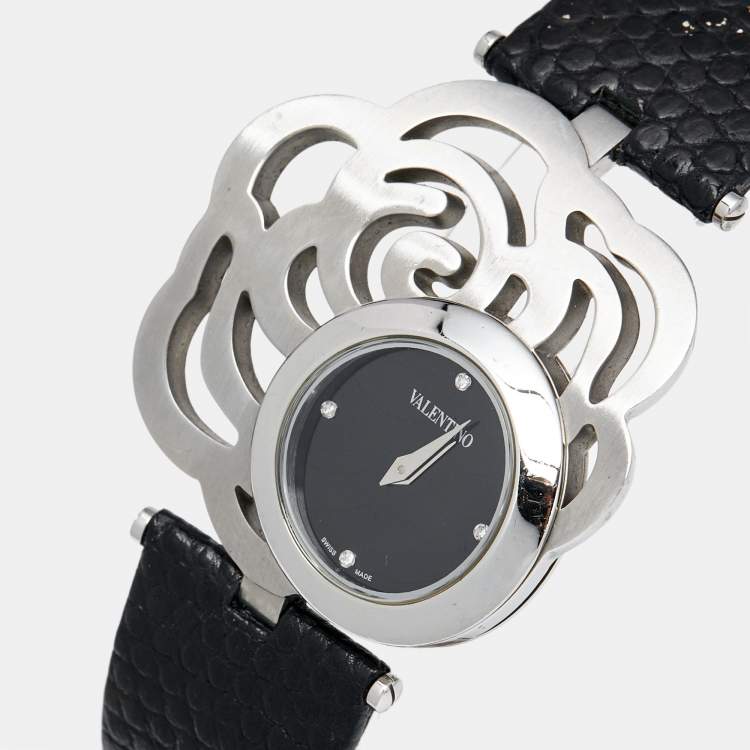 مملوكة مسبقًا Valentino Black Stainless Steel Lizard Leather Rosier Baselworld V55 Women's Wristwatch 40 mm
