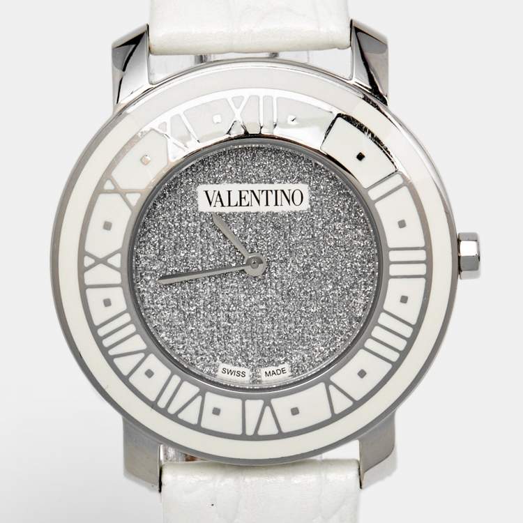 Pre Owned Valentino Histoire Metallic Grey Dial Stainless Steel Enamel Embossed Leather Women's Wristwatch 37 mm
