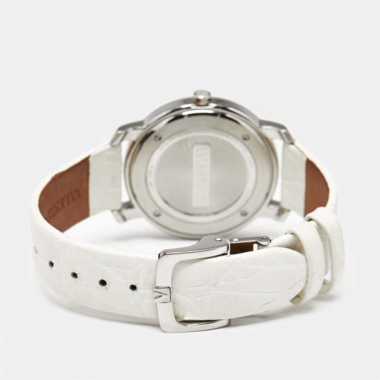 Pre Owned Valentino Histoire Metallic Grey Dial Stainless Steel Enamel Embossed Leather Women's Wristwatch 37 mm